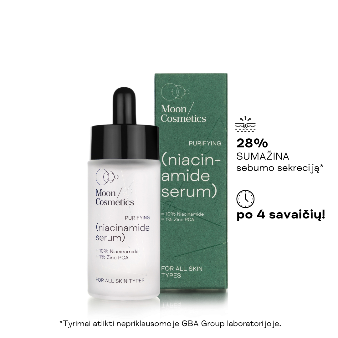 Niacinamido serumas porų mažinimui buteliuke su pakuote | Moon Cosmetics