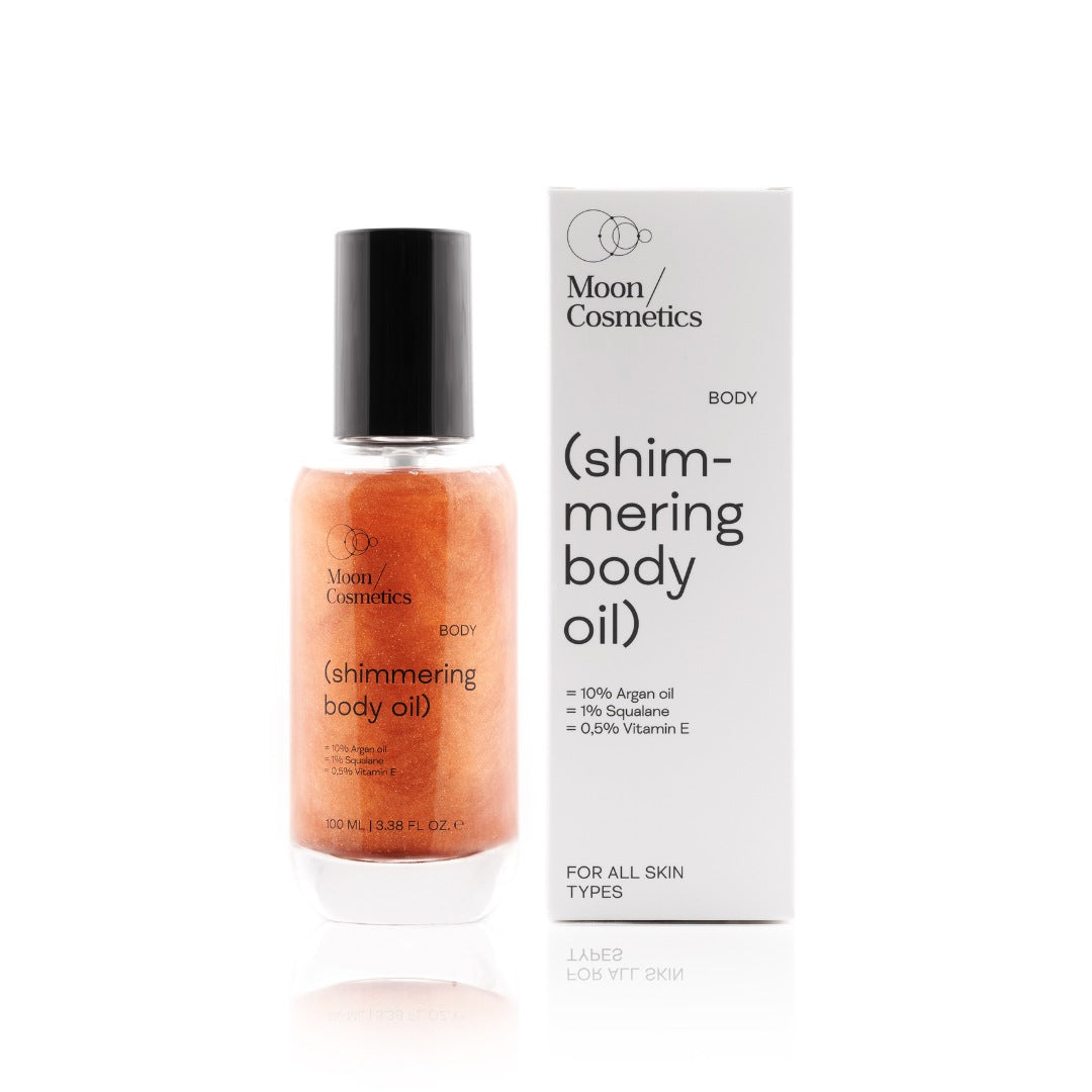 Žėrintis kūno aliejus buteliuke ir dėžutėje | Moon Cosmetics