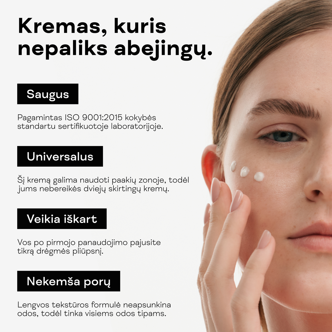 Drėkinamasis veido kremas aplikavimas ant odos.