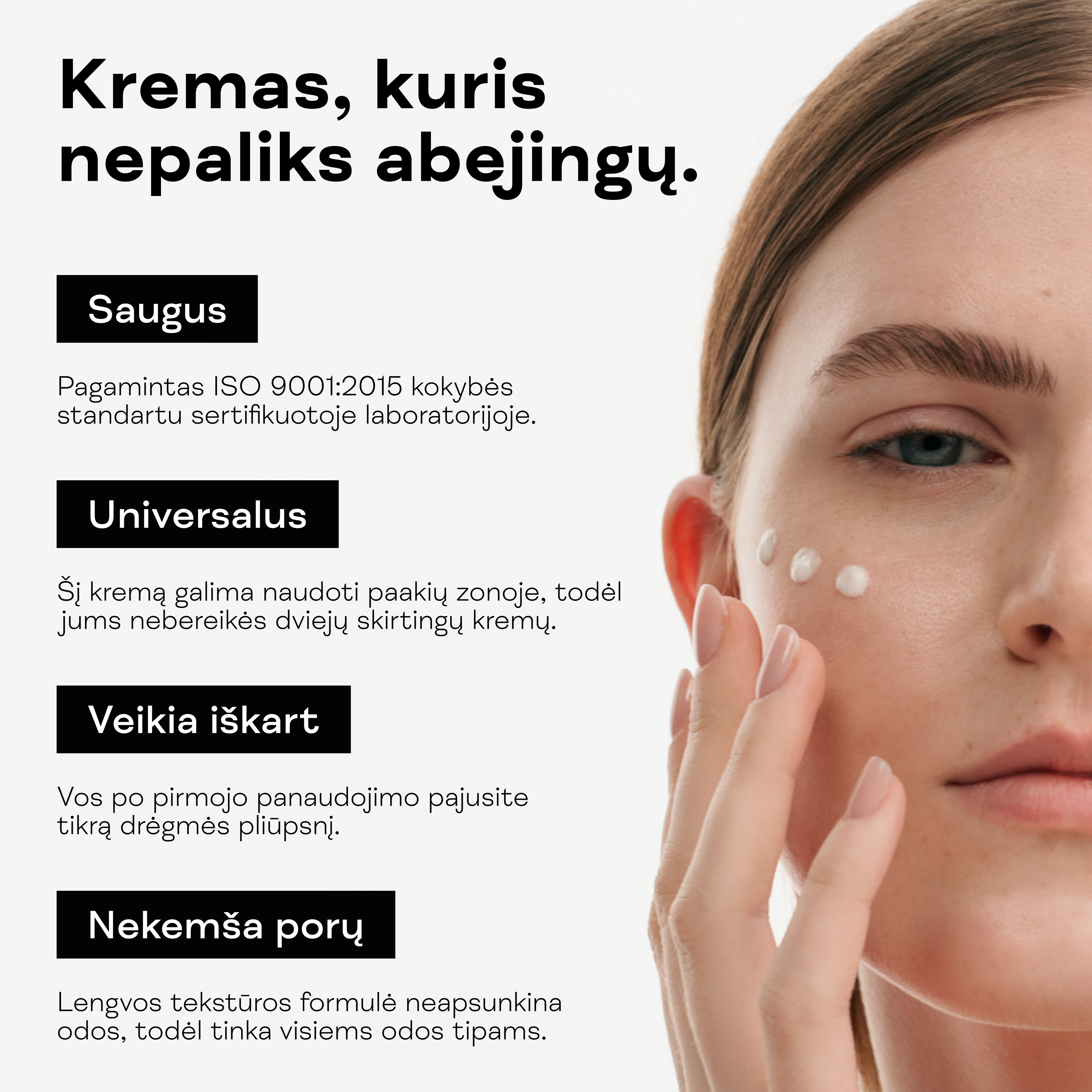 Drėkinamasis veido kremas aplikavimas ant odos.