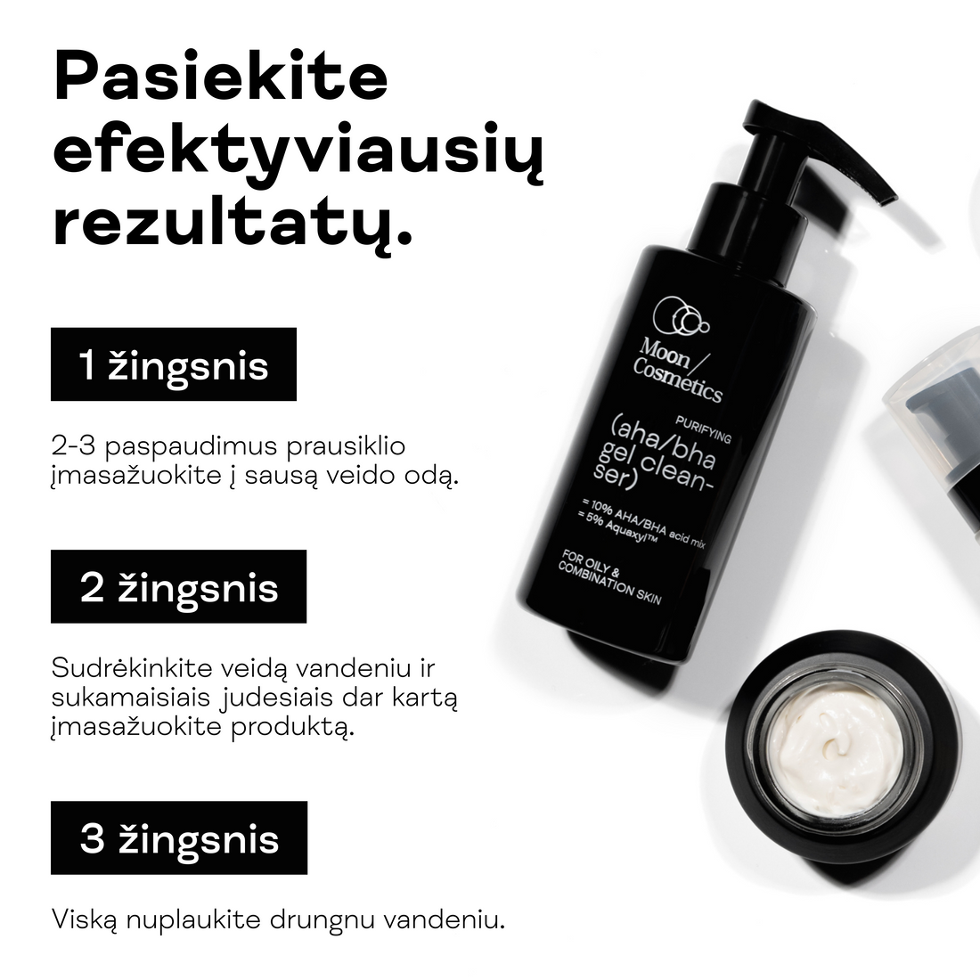 Rūgštinio veido prausiklio nuo spuogų aplikavimo žingsniai.