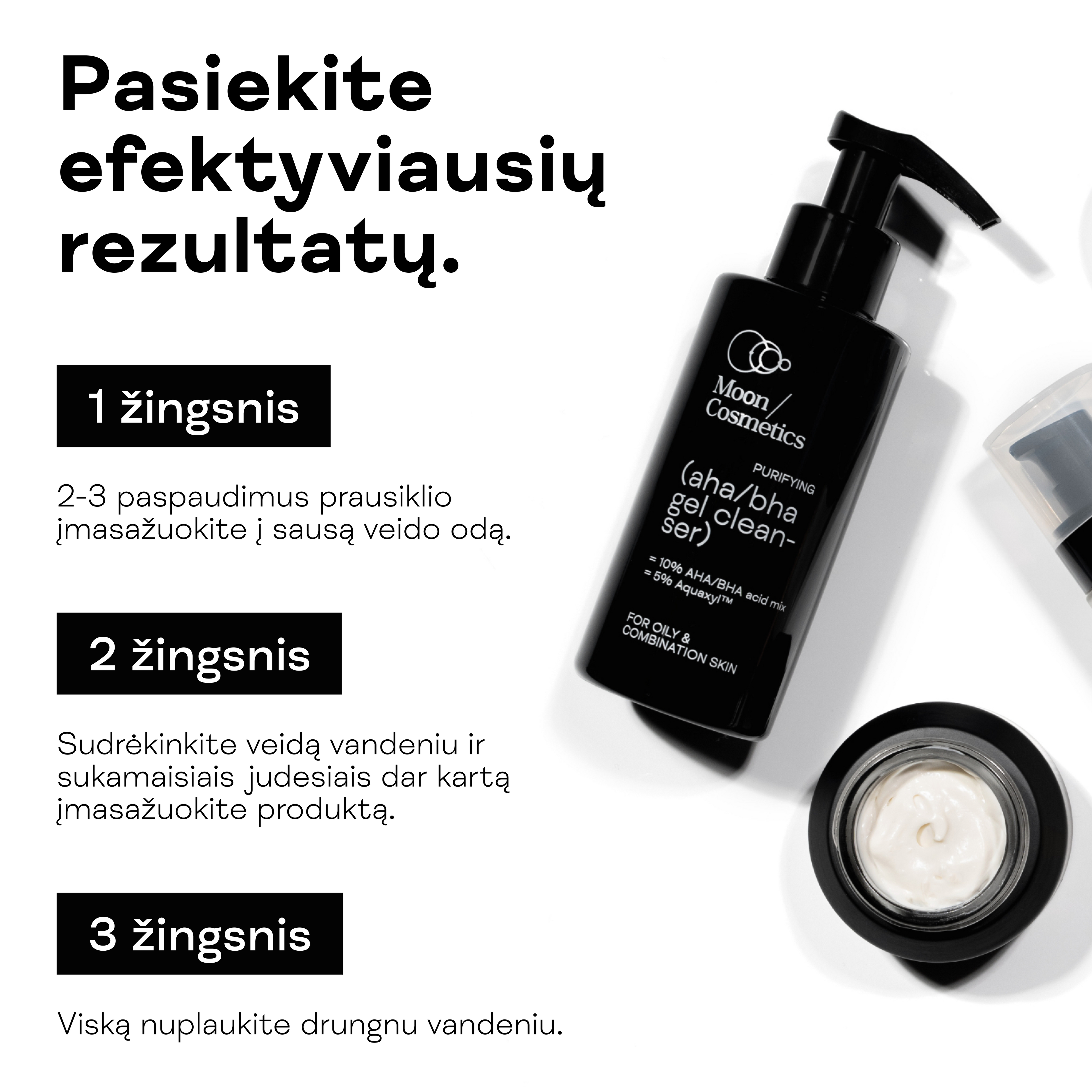 Rūgštinio veido prausiklio nuo spuogų aplikavimo žingsniai.