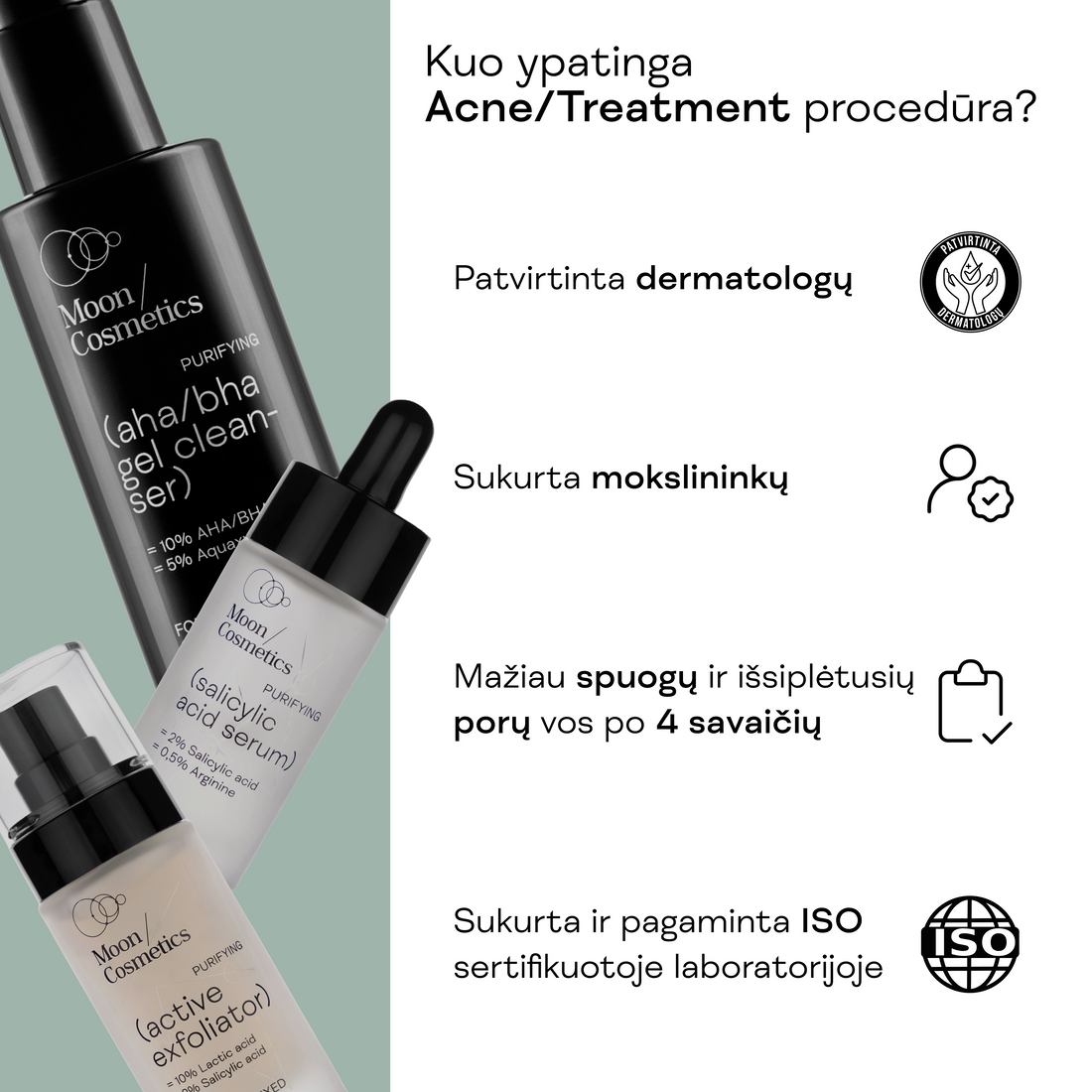 Moon Cosmetics spuogų gydymo valiklio, serumo ir eksfoliatoriaus pakuočių detalės.