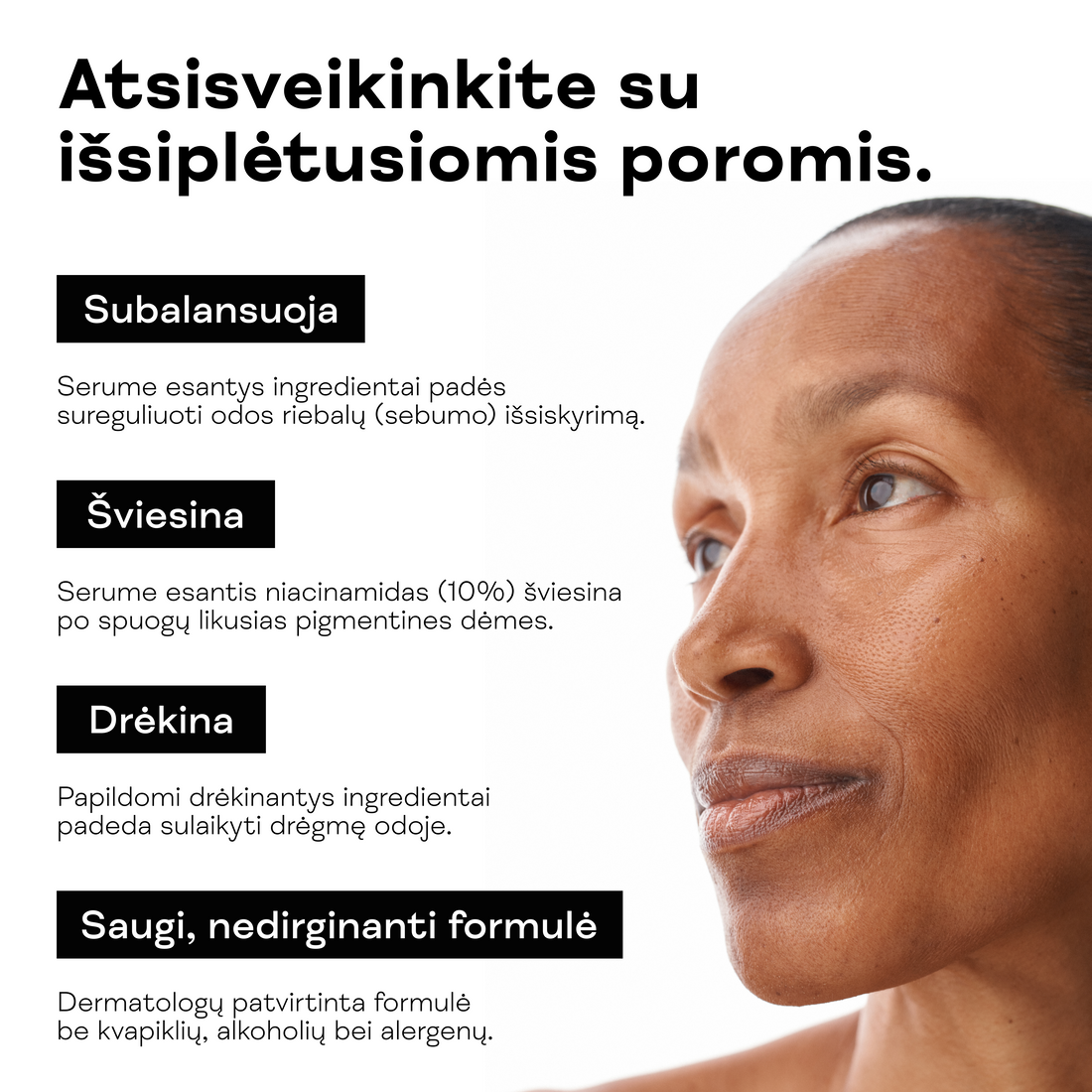Moteris rodo drėkinamą, skaistesnę veido odą po Niacinamido serumo naudojimo.