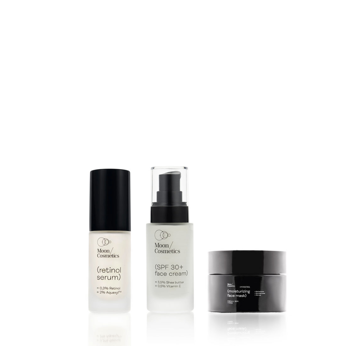 Retinolio/Priežiūros procedūros rinkinio produktai buteliukuose ir indelyje | Moon Cosmetics