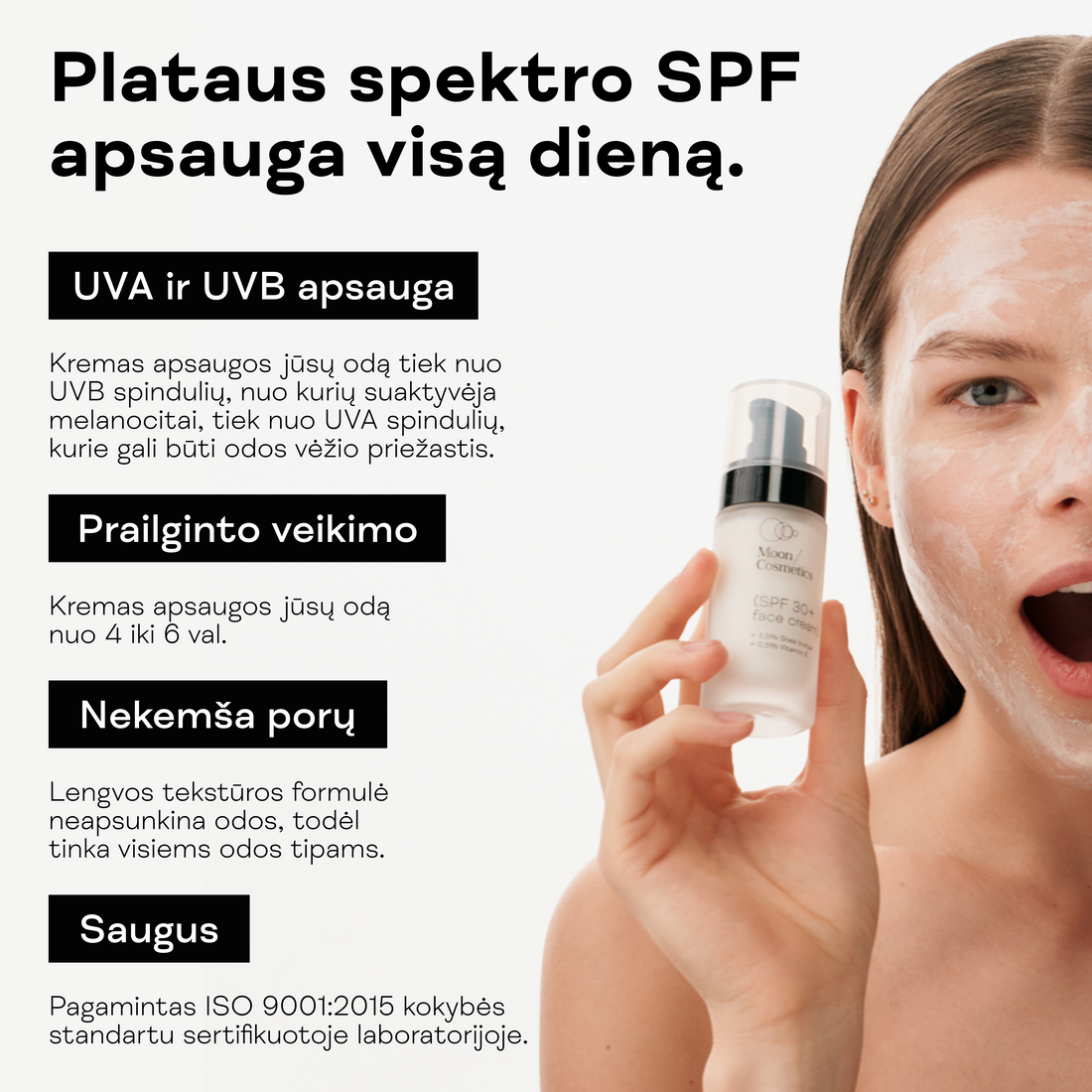 Apsauginio veido kremo SPF30 aplikavimas ant veido.
