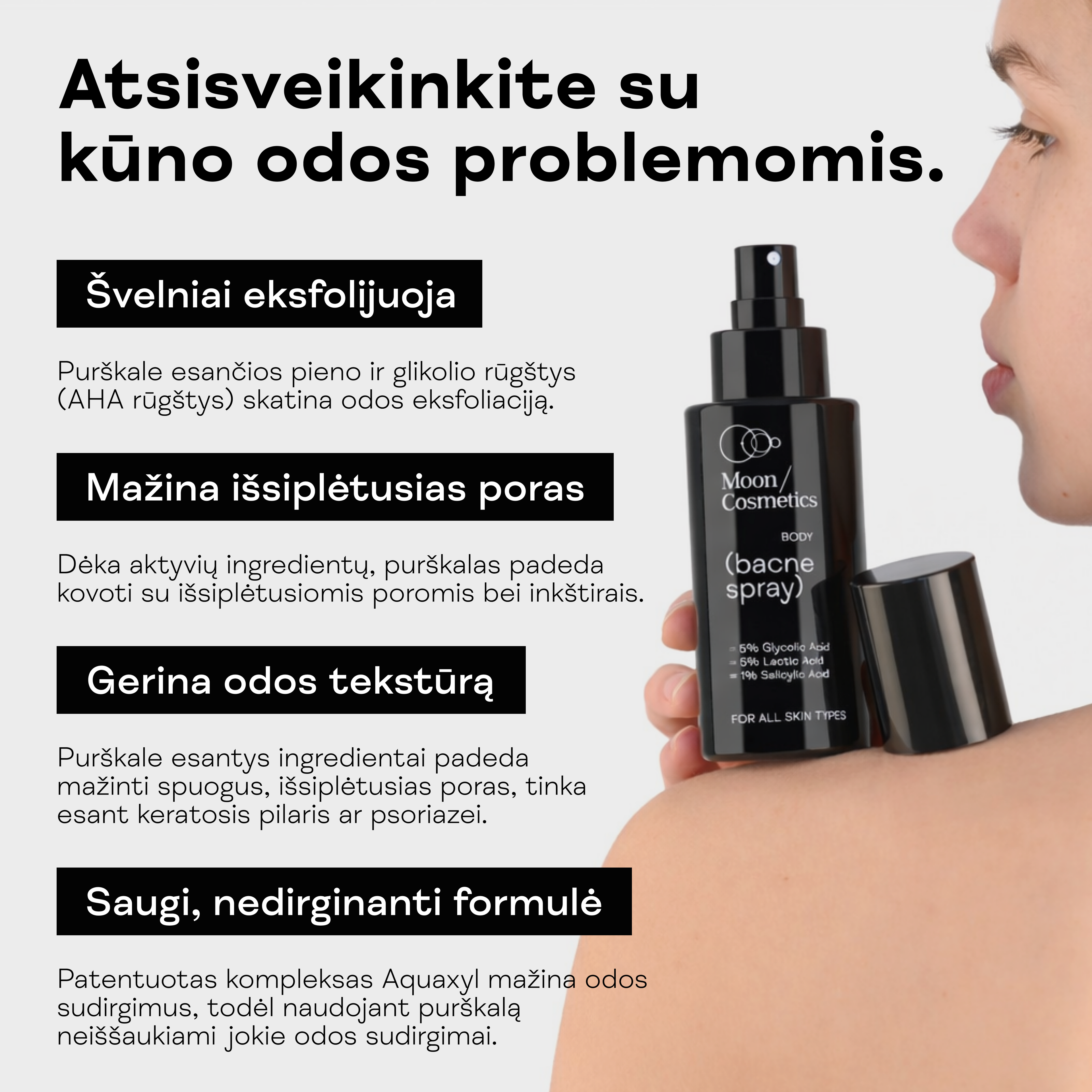 Rūgštinis odos purškalas nuo spuogų