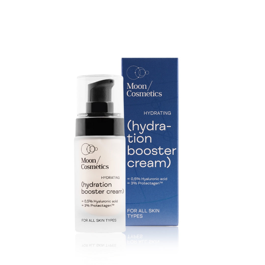 Intensyviai drėkinantis veido kremas buteliuke ir mėlynoje dėžutėje | Moon Cosmetics