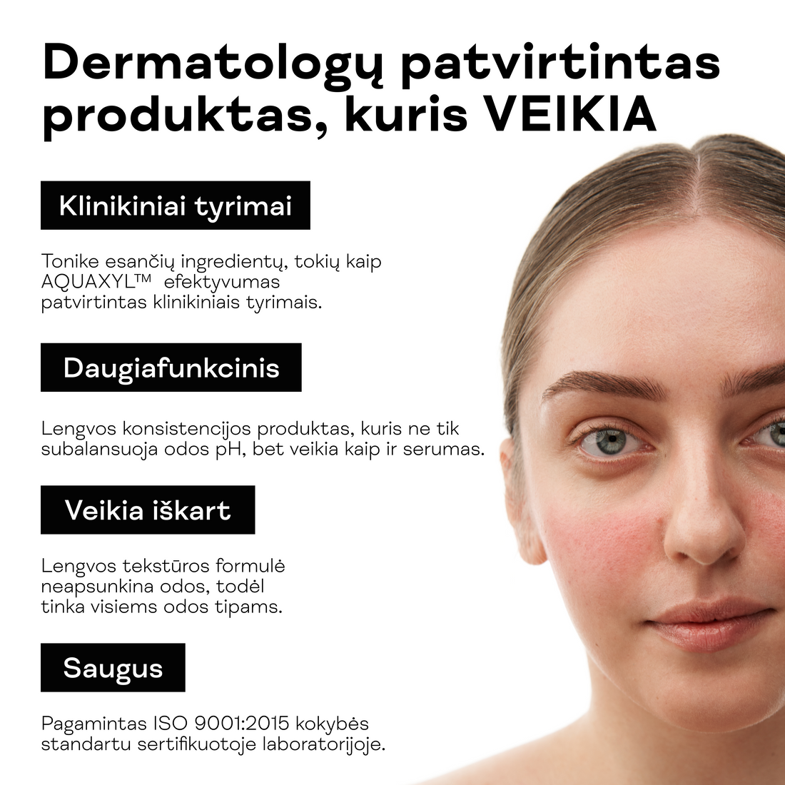 Moteris su odos paraudimu ir produkto savybių bei klinikinių tyrimų pristatymas.