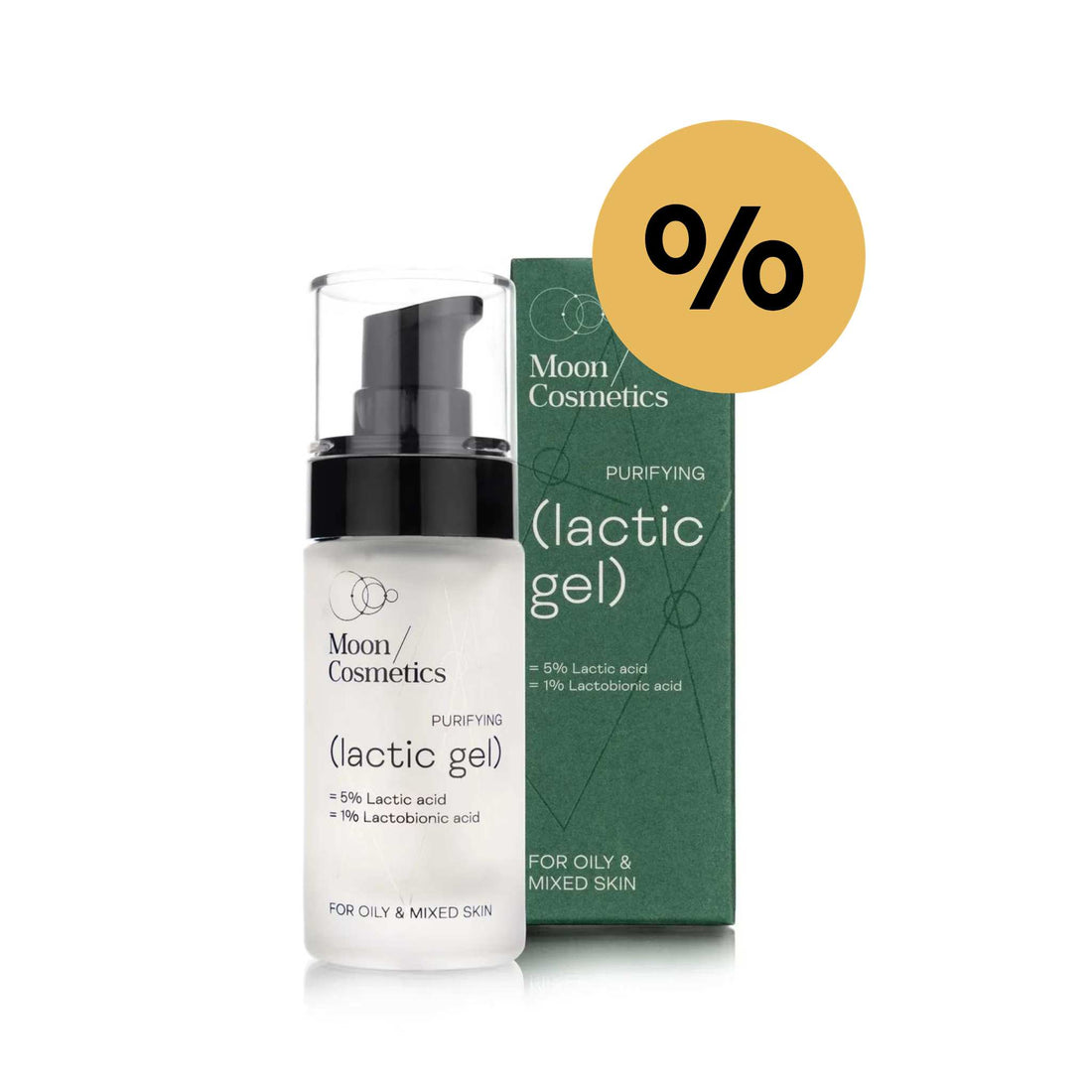 Drėkinamasis pieno rūgšties gelis nuo spuogų buteliuke ir dėžutėje | Moon Cosmetics