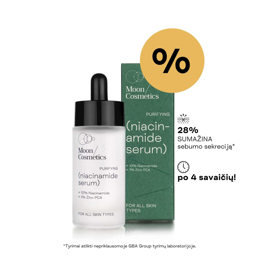 Niacinamido serumas porų mažinimui buteliuke ir dėžutėje | Moon Cosmetics
