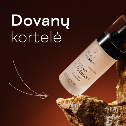 Moon Cosmetics aktyvaus eksfoliatoriaus buteliukas, reprezentuojantis dovanų kortelę.