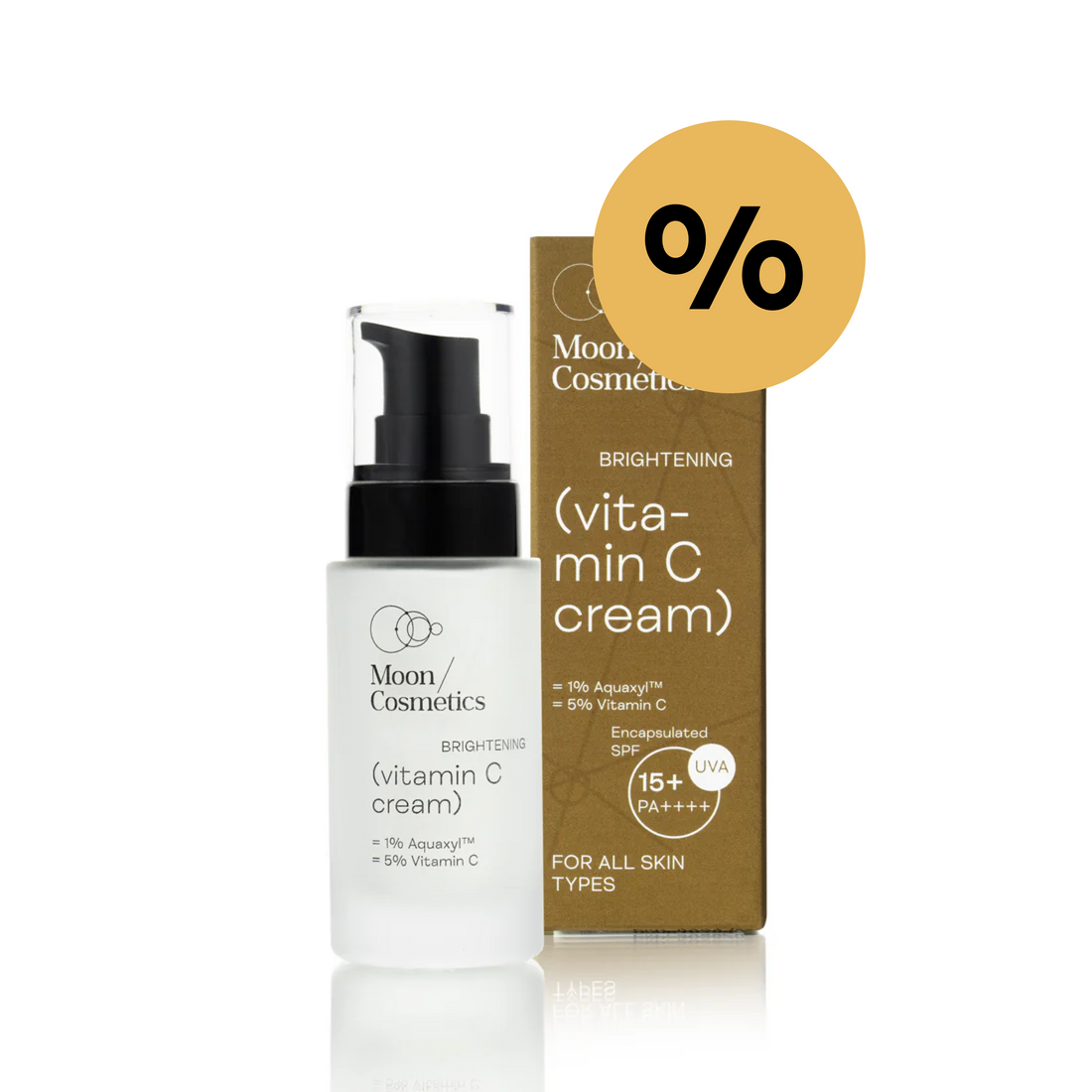Vitamino C kremas SPF15 nuo pigmentacijos buteliuke ir dėžutėje | Moon Cosmetics